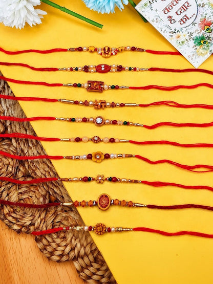 Dhiyona Set Of 10 Multicolor Designer Thread Rakhi With Roli Chawal Chandan Mishri