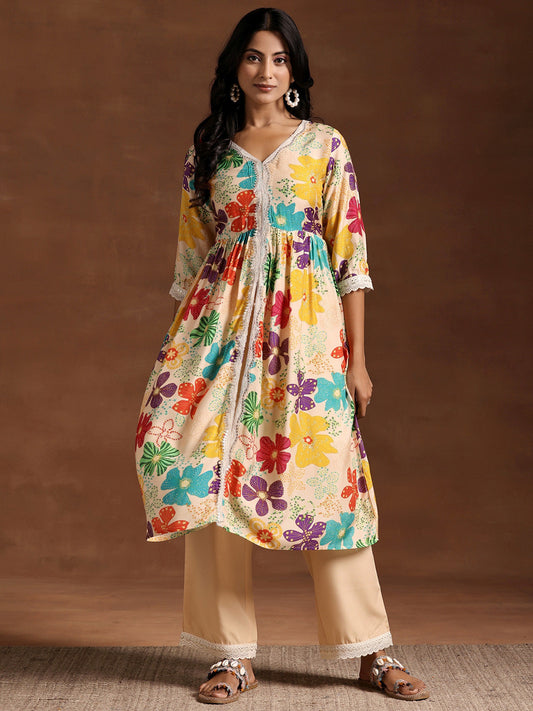 Women Floral Printed Angrakha Kurta with Trousers