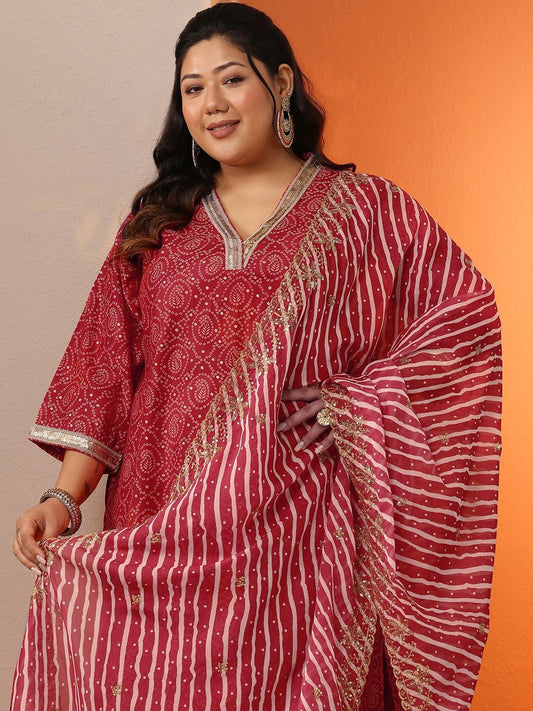 Dhiyona Women's Bandhani Print Plus Size Kurta with Trouser & Dupatta