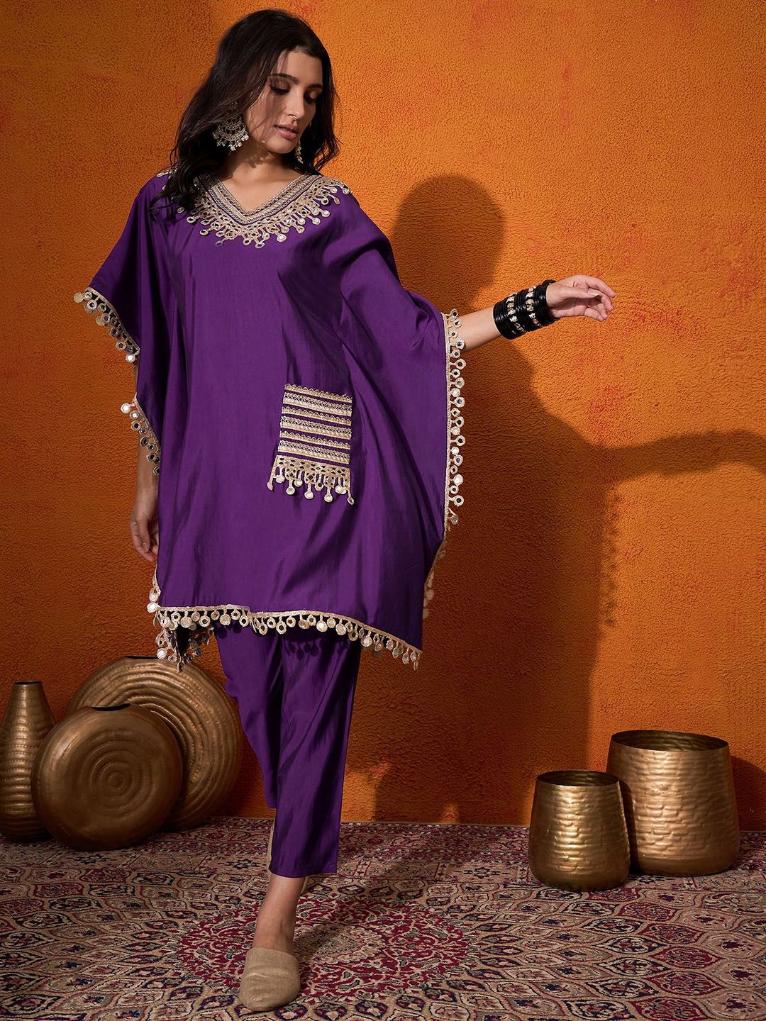 Dhiyona SN Women's Ethnic Motifs Yoke Design Embroidered Kaftan Kurta & Trousers
