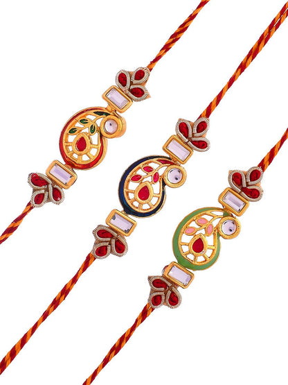 Dhiyona Gold Toned Set of 3 Kundan Work Thread Rakhis With Roli Chawal & Greetings Card