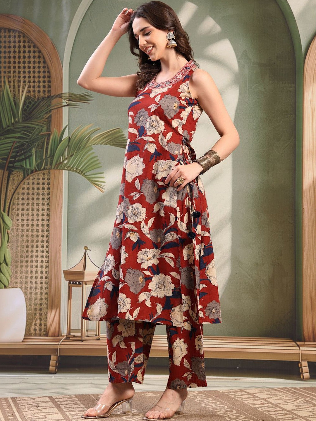 Embroidered Pure Cotton Round Neck Kurta & Palazzos Kurta Set