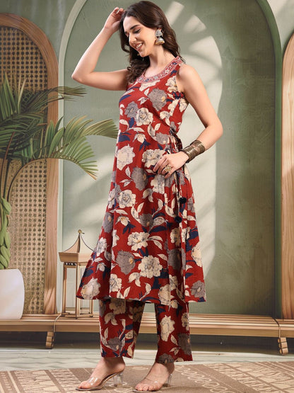 Embroidered Pure Cotton Round Neck Kurta & Palazzos Kurta Set