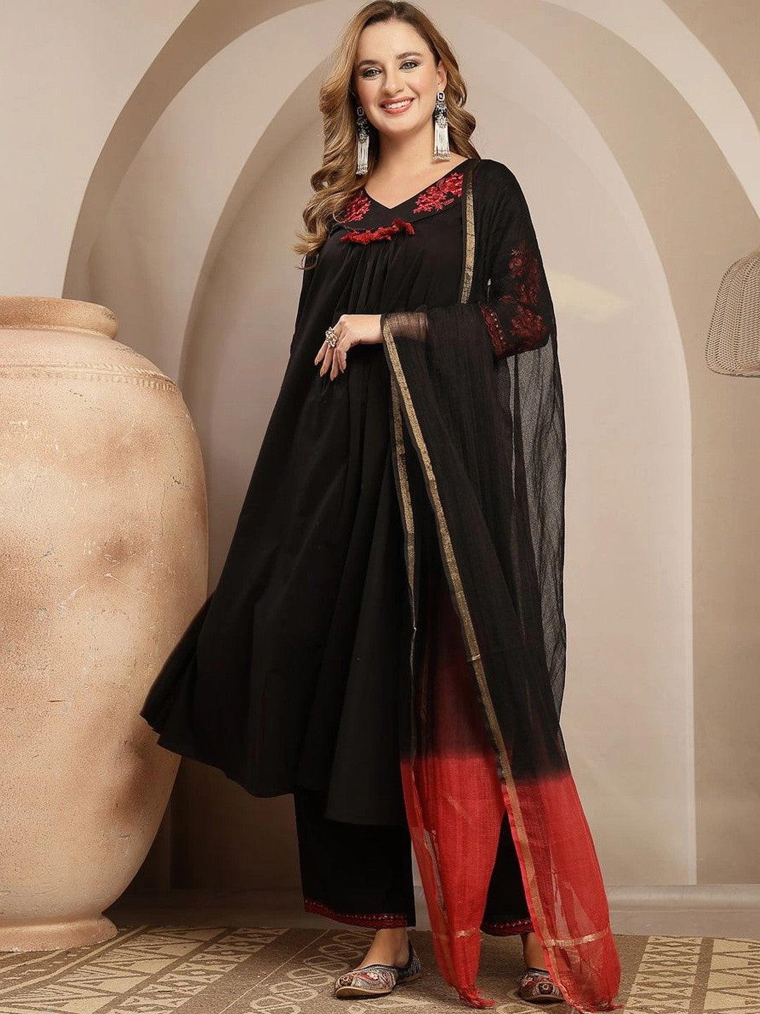 Women Embroidered Regular Sequinned Kurta with Palazzos & With Dupatta
