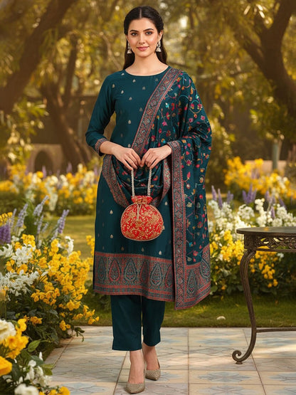 Dhiyona KL Women Woven Design Straight Kurta with Palazzos & Dupatta