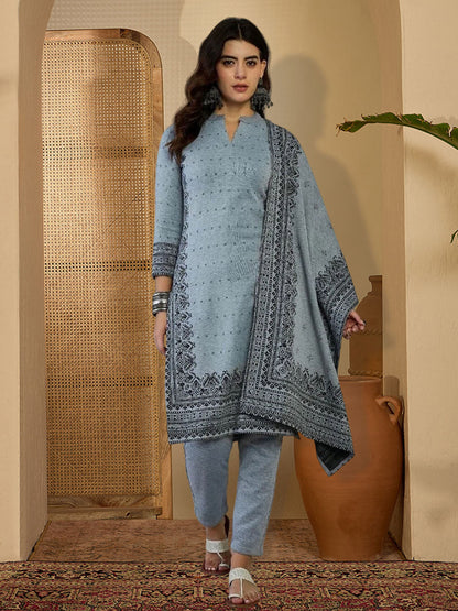Woven Design Pure Wool Mandarin Collar Kurta & Trousers With Dupatta