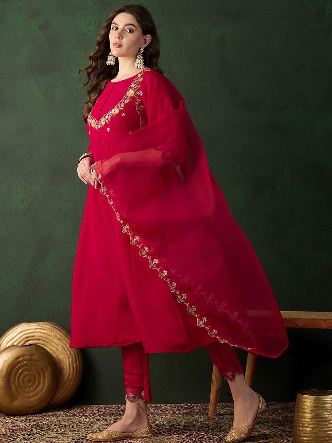 Dhiyona SN Women's Embroidered Round Neck A-Line Kurta & Trouser With Dupatta