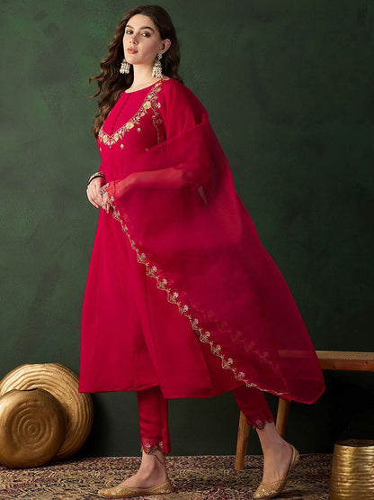 Dhiyona SN Women's Embroidered Round Neck A-Line Kurta & Trouser With Dupatta