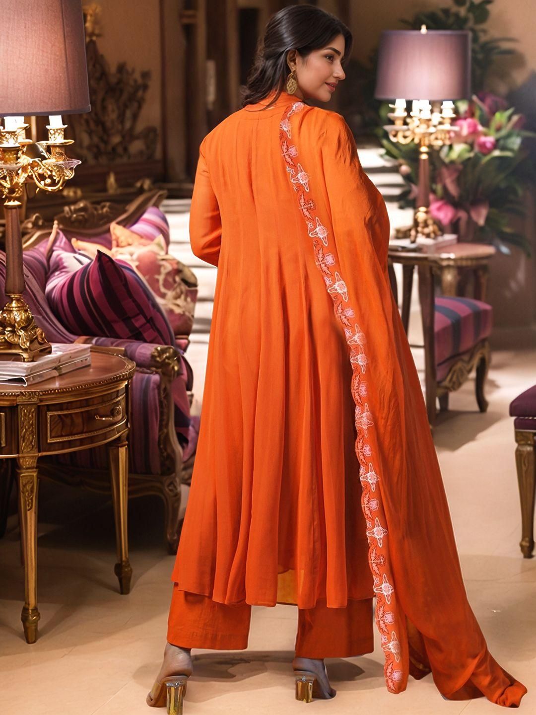 Dhiyona KL Women Orange Rayon Blend Embroidered Anarkali Kurta Set With Dupatta