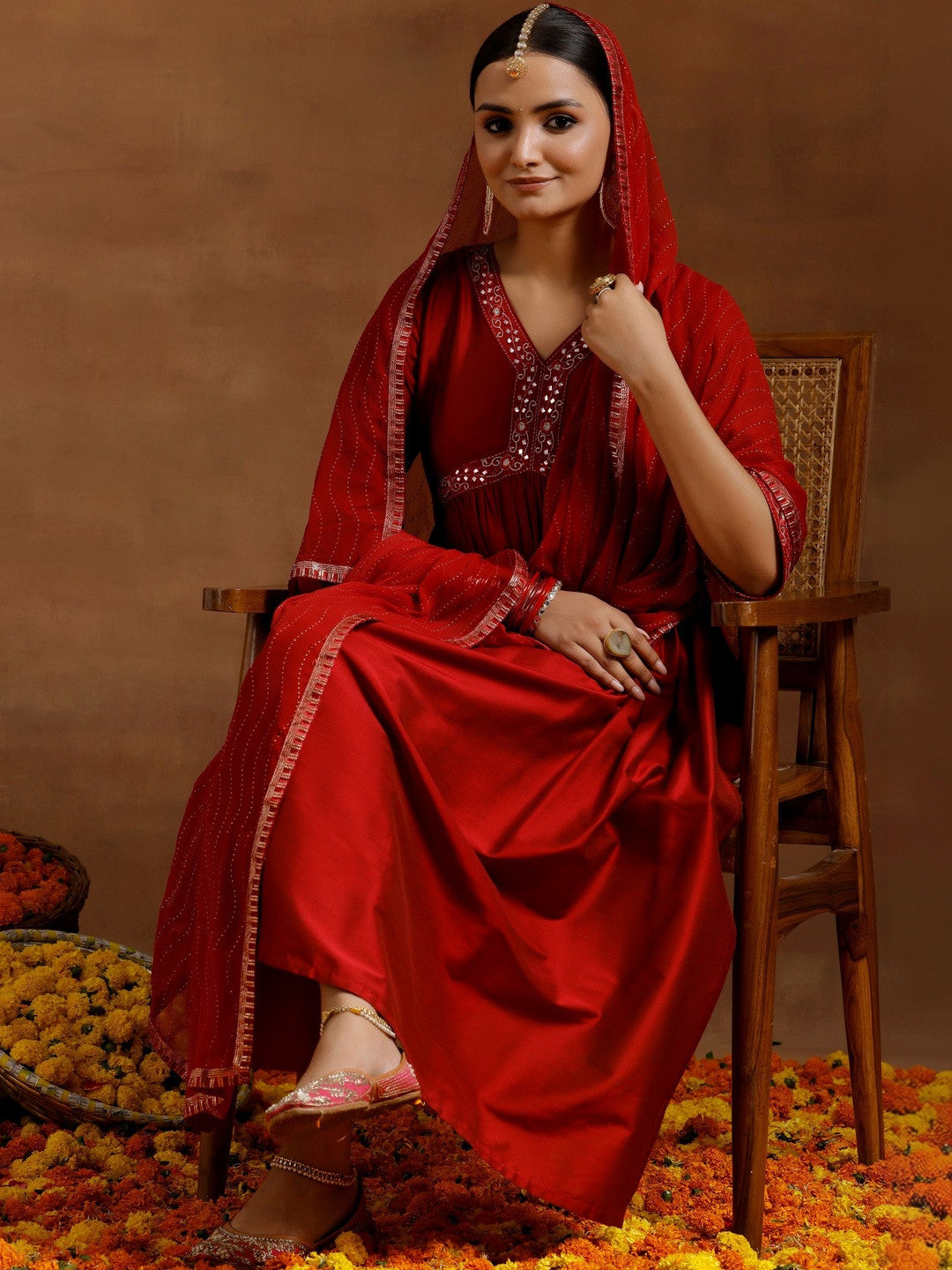 Women Ethnic Motifs Embroidered Empire Mirror Work Kurta with Trousers & With Dupatta