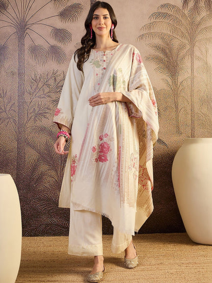 Yoke Design Round Neck Straight Kurta With Trousers & Dupatta