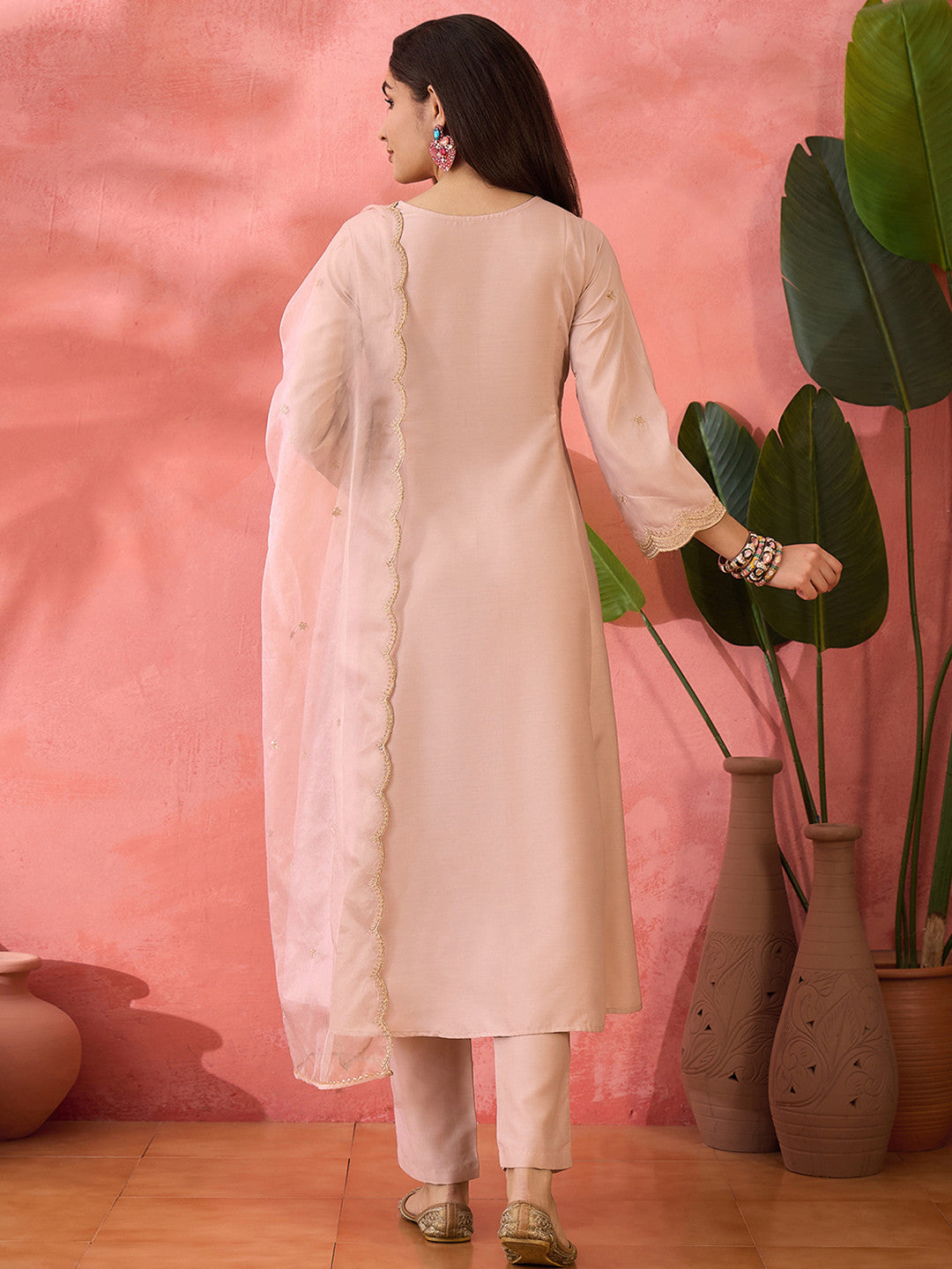 Beige Floral Yoke Design Notch Neck A-Line Kurta With Trousers And Dupatta