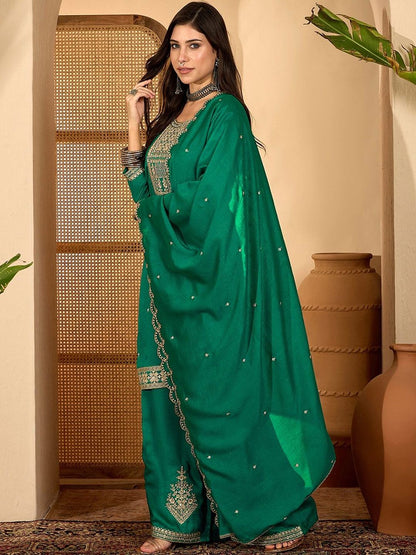 Dhiyona SN Ethnic Motifs Embroidered Thread Work Straight Kurta with Palazzos & Dupatta