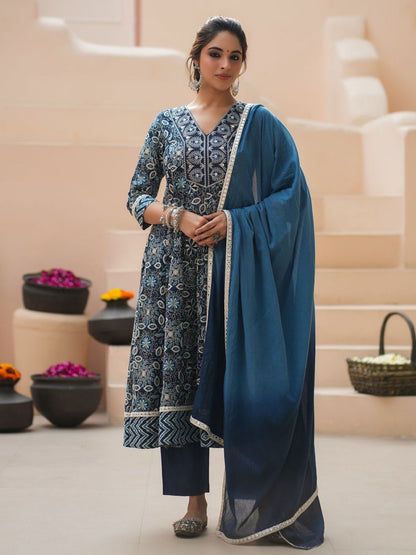 Dhiyona RR Women's Floral Printed Cotton Kurta with Trousers & Dupatta