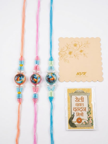 Dhiyona Set Of 3 Radha Krishna Thread Rakhi With Roli Chawal Chandan Mishri