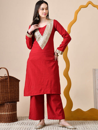 Floral Yoke Design Round Neck Sequinned Straight Kurta With Trouser