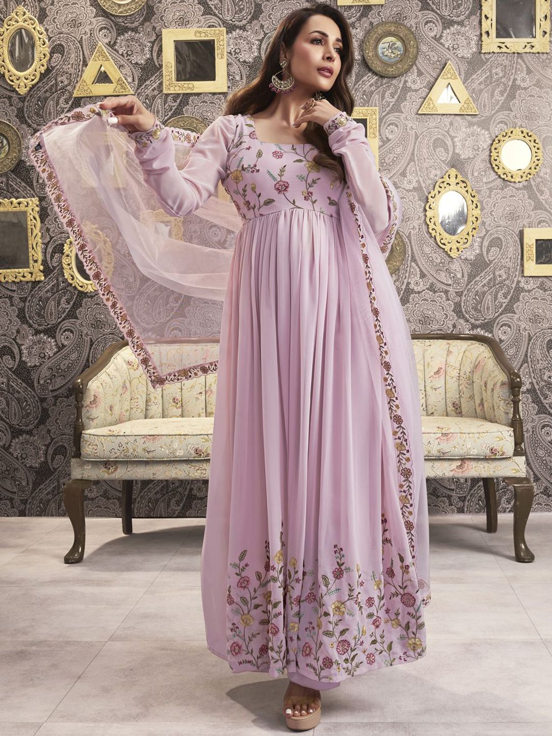 Dhiyona IN Pink Floral Embroidered Square Neck Georgette A-Line Kurta with Palazzo & Dupatta