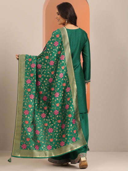 Dhiyona LL Floral Embroidered V-Neck Thread Work Straight Kurta With Palazzos & Dupatta