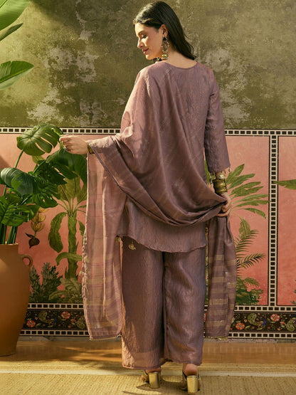 Embroidered V-Neck Kurta Palazzos & Dupatta