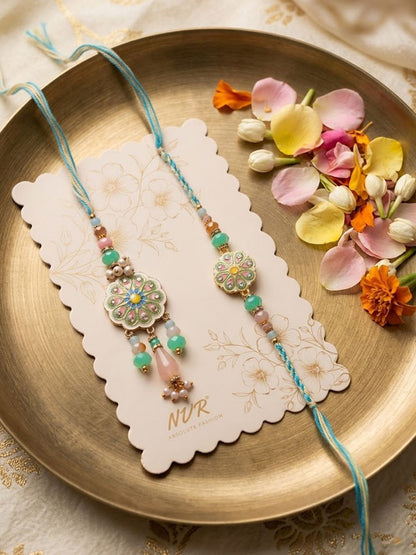 Dhiyona Set Of 2 Round Artificial Beads Traditional Bhaiya Bhabhi Rakhi With Roli Chawal
