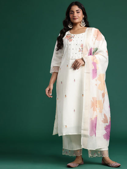 Dhiyona Women's Floral Embroidered Mirror Work Kurta with Palazzos & Dupatta