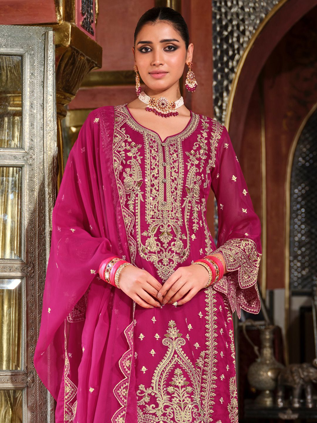 Dhiyona IE Ethnic Motifs Embroidered Zari Organza Straight Kurta & Trousers With Dupatta