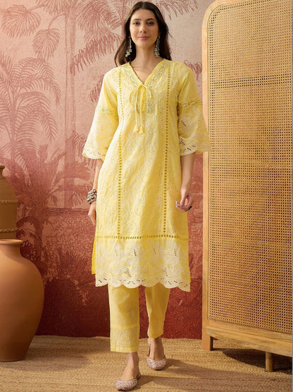 Embroidered Pure Cotton V-Neck Kurta & Trousers Kurta Set
