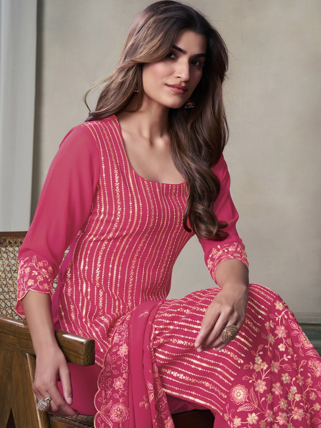 Dhiyona IN Floral Embroidered Sequinned Straight Kurta With Palazzos & Dupatta