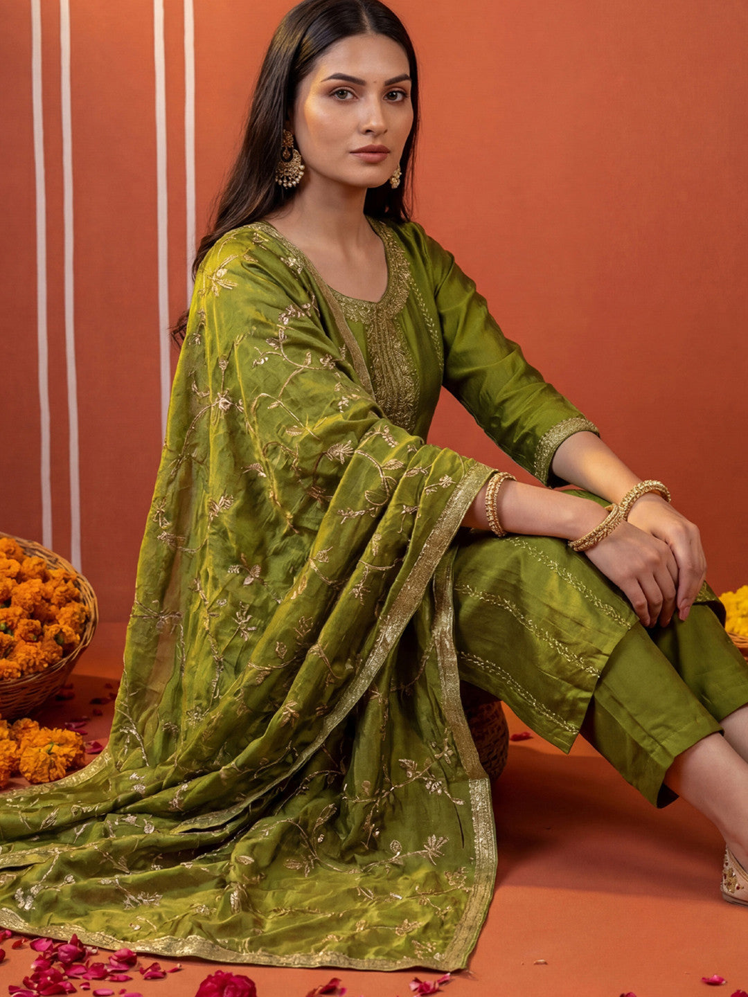 Women Ethnic Motifs Embroidered Regular Sequinned Kurta with Trousers & With Dupatta