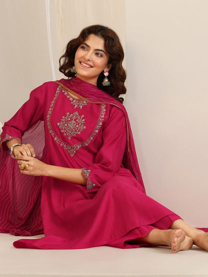 Floral Yoke Design Thread Work A-Line Kurta With Trousers & Dupatta