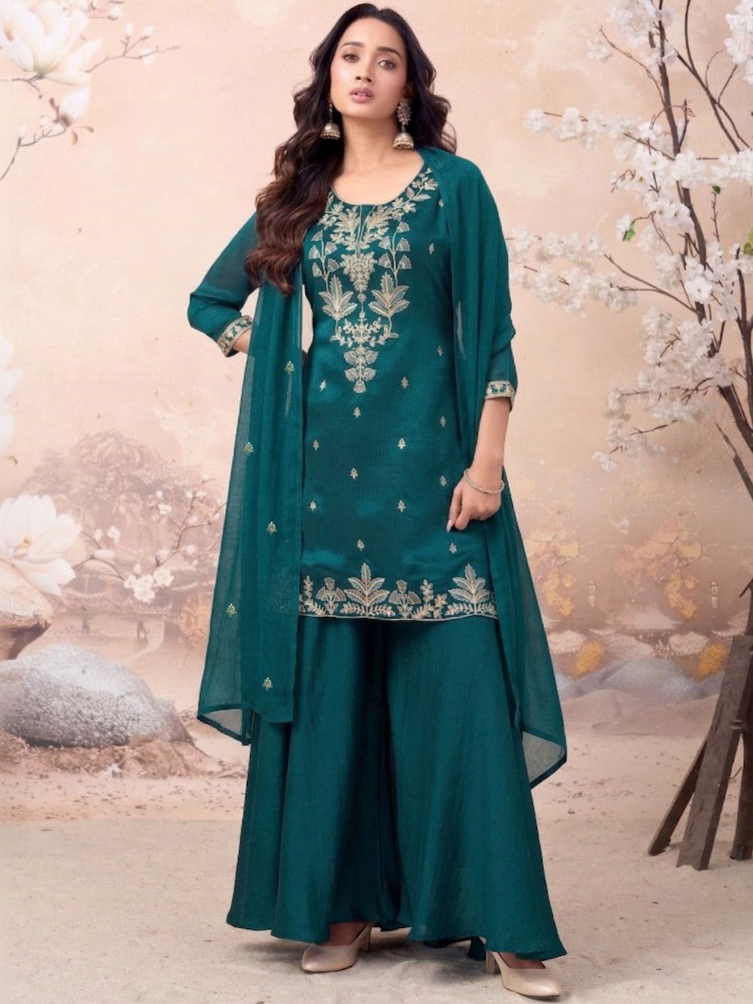Dhiyona SN Embroidered Silk Blend Round Neck Kurta & Sharara With Dupatta