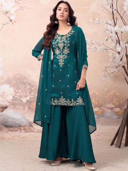 Embroidered Silk Blend Round Neck Kurta & Sharara With Dupatta