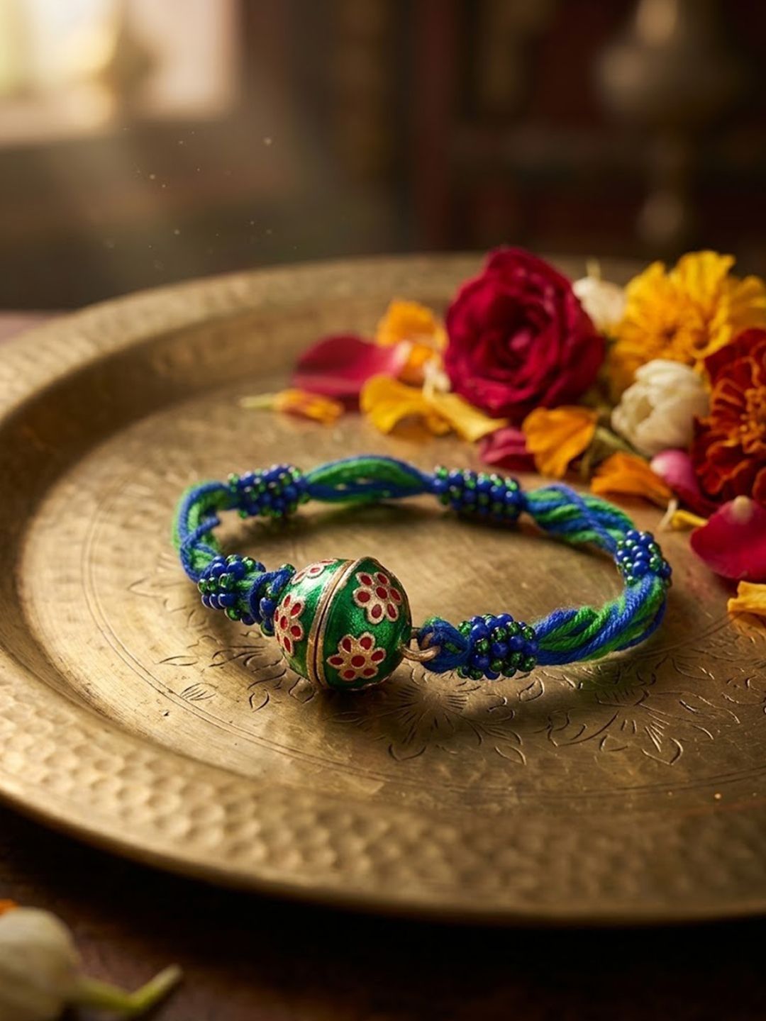 Dhiyona Magnetic Opening Blue Meenakari Work Thread Rakhi With Roli Chawal Chandan Mishri