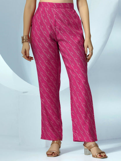 Women's LB Pink Printed Silk Blend A-Line Kurta With Trousers & Dupatta