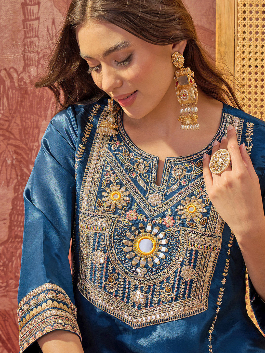 Embroidered Round Neck Kurta & Palazzos