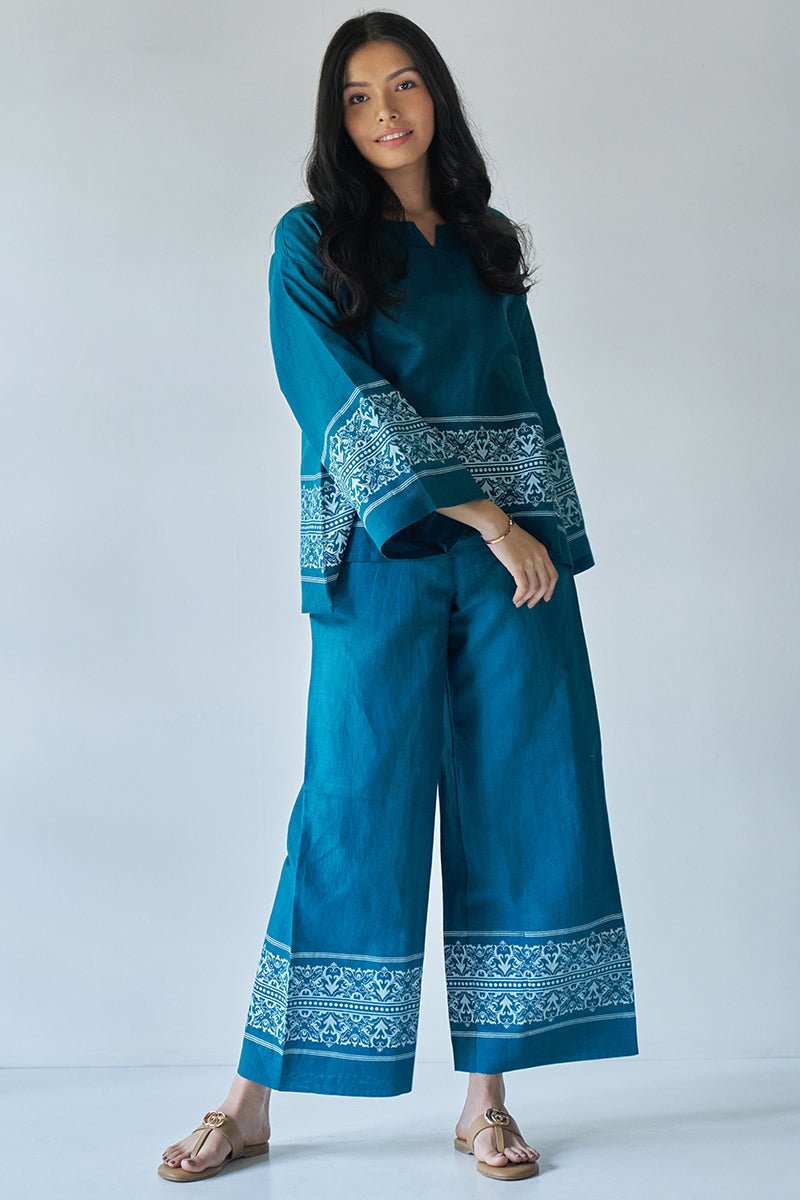 Teal Blue Cotton Satin Co-ord Set