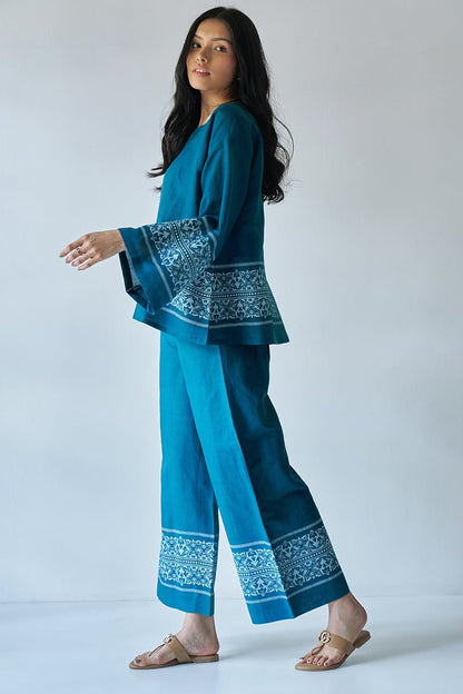 Teal Blue Cotton Satin Co-ord Set