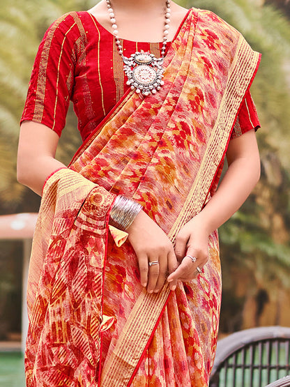 Women's Pure Chiffon Red Embellished Designer Saree With Blouse Piece