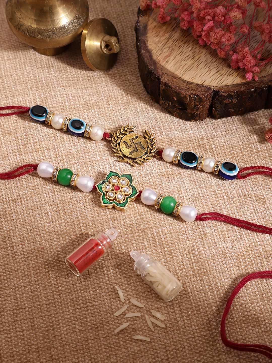Dhiyona Unisex Set of 2 Beaded Bhai Bhabhi Rakhis With Roli & Chawal