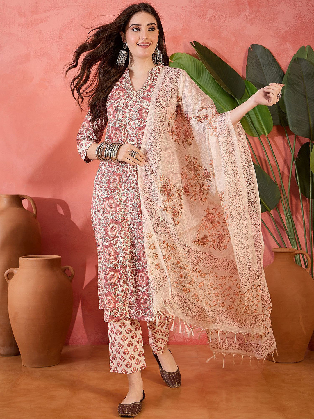 Dhiyona SN Floral Printed A Line Mandarin Collar Neck Kurta With Trouser & Dupatta