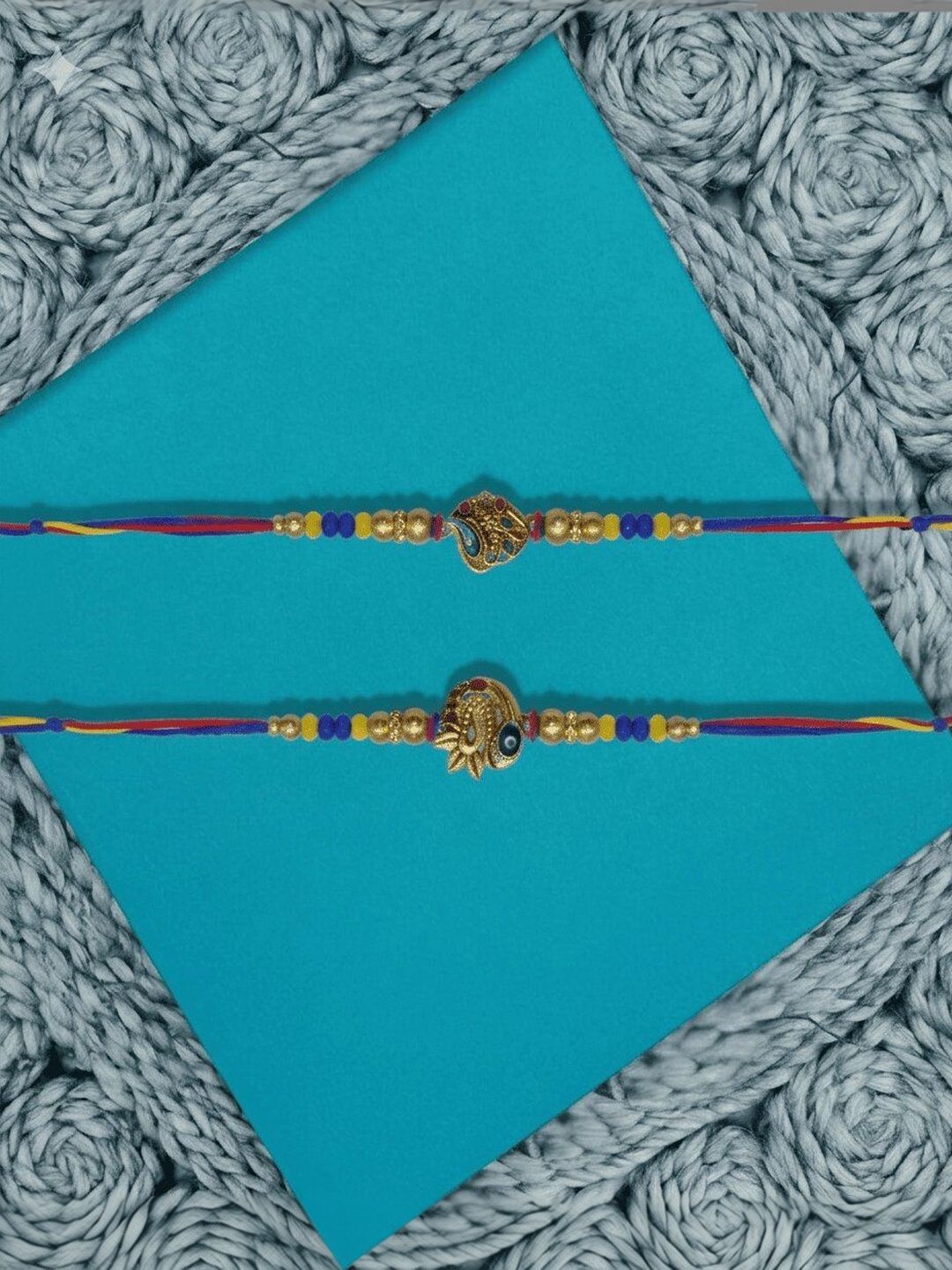 Dhiyona Set Of 2 Peacock Design Thread Rakhi With Roli Chawal Chandan Mishri