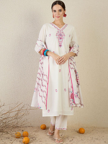 Ethnic Motifs Embroidered Thread Work Pure Cotton Kurta With Trouser & Dupatta
