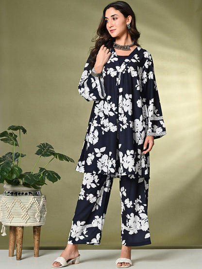 Black Floral Printed A-Line Kurta With Trousers