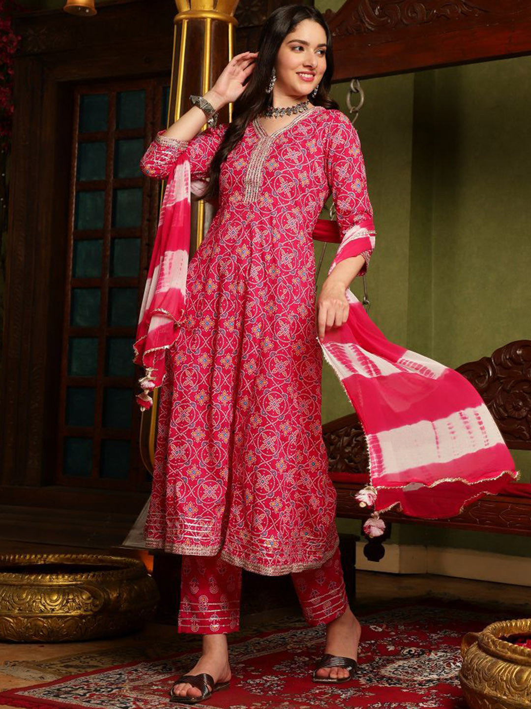 Bandhani Printed Panelled Sequinned Pure Cotton Kurta with Trousers & Dupatta