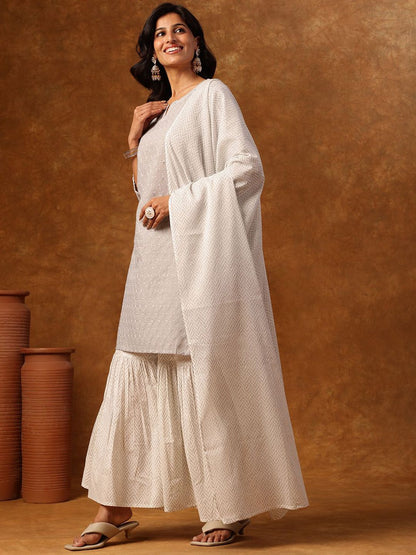Dhiyona AN Embroidered Notch Neck Straight Kurta with Sharara & Dupatta