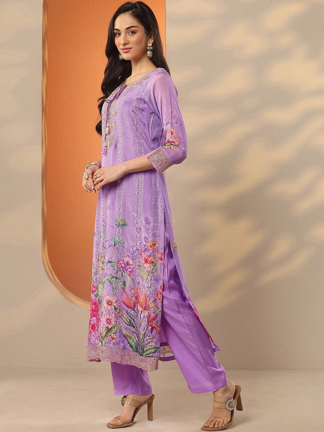 Floral Printed Thread Work Straight Kurta With Palazzos & Dupatta