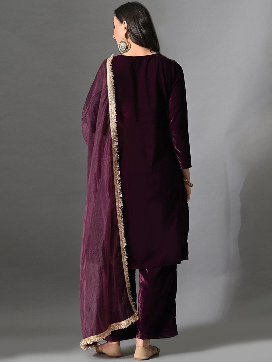 Embroidered Velvet Round Neck Kurta & Trousers With Dupatta