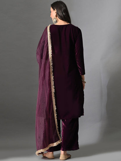 Embroidered Velvet Round Neck Kurta & Trousers With Dupatta