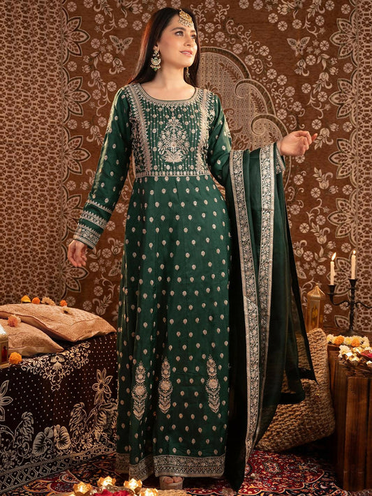 Women's LB Art Bottle Green Embroidered Silk A-Line Kurta With Trousers & Dupatta