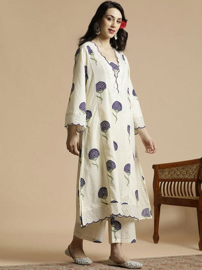 Women's Floral Printed Bell Sleeves Thread Work Pure Cotton A-Line Kurta With Palazzos